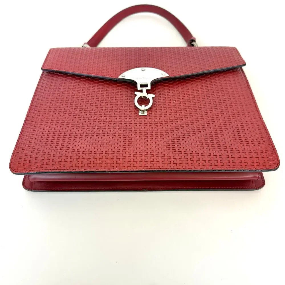 Ferragamo Gancini Woven Top Handle Satchel Bag Red Leather Made in Italy